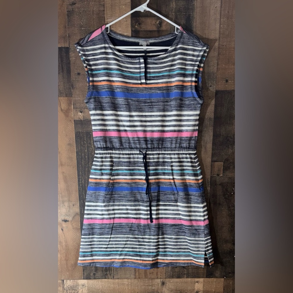 Talbots Striped Knit Drawstring Waist Dress in Gray, Blue, Pink, Orange NEW